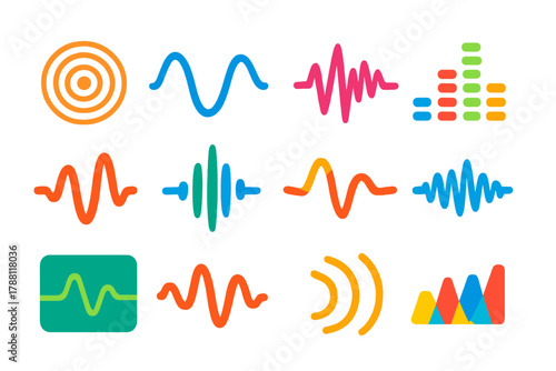Colorful Soundwave Icons. Flat vector icons of soundwaves: concentric wave circles, sinusoidal wave, jagged waveform, stereo