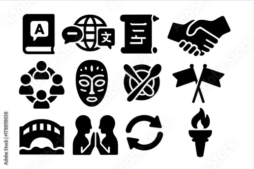 Cross-Cultural Dialogue Icons. Solid style icons of Cross-Cultural Dialogue: translation book, globe with speech bubbles, language