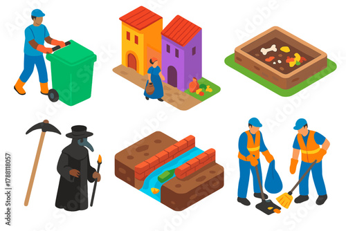 Waste Management Evolution. Isometric vector illustration set History of waste management: municipal waste carts, ancient city