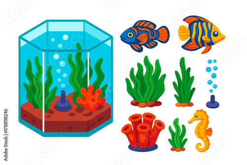 Exotic Aquarium Icons. Isometric vector illustration set Exotic Aquarium: hexagon tank, rare colorful fish, lush seaweed,