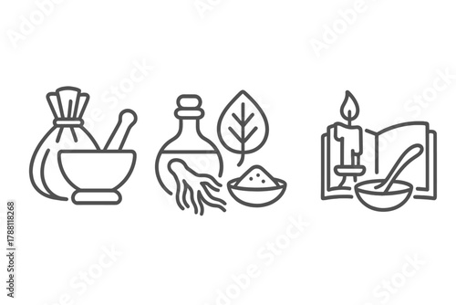 Asian Medicine Icons. Line style icons of History of Medicine in Asia: Herbal Bundle, Mortar, Pestle, Scroll; Flask, Leaf, Root,