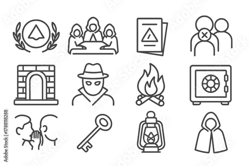Secret Society Icons. Line style icons of Secret Organization: Concealed Emblem, Covert Gathering, Leaflet, Silenced Crowd; Hidden