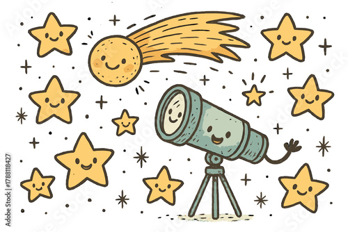 Cheerful Celestial Doodles. Whimsical doodle comet observation scene with smiling comet tails, cartoon telescopes waving, cheerful