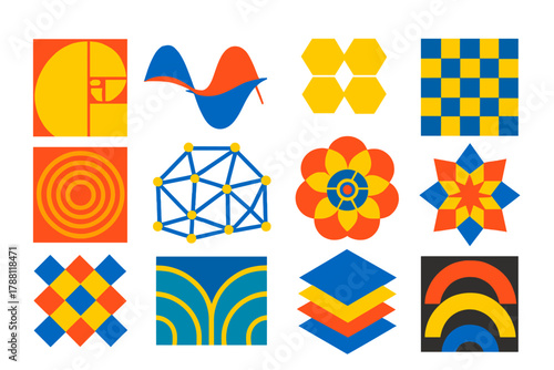 Mathematical Pattern Icons. Flat vector icons of Mathematical Patterns: golden ratio spiral, Fibonacci sequence, wave interference