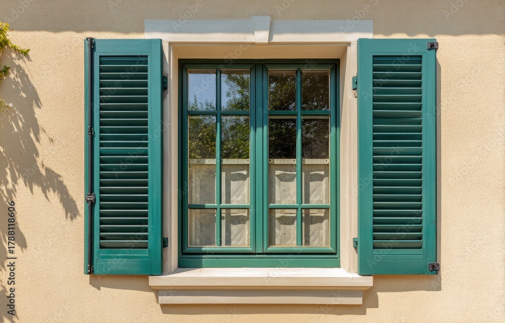 Fototapeta premium Beige wall with teal shutters and window