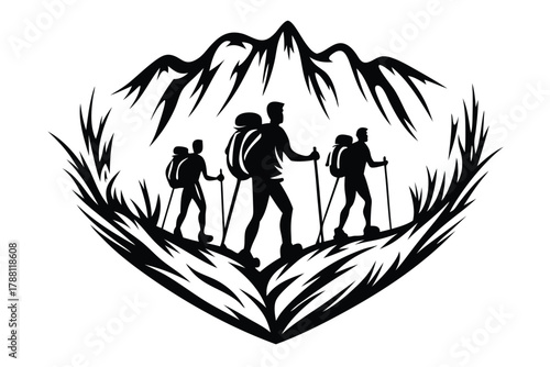 Silhouetted hikers ascend mountains, supported by sticks, amidst the rugged terrain and sharp foliage