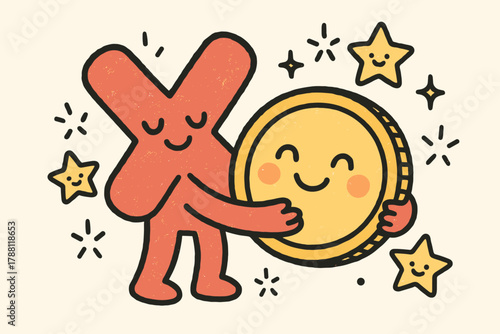 Treasure Embrace. Sweet doodle vector illustration of an “X marks the spot” character hugging a smiling gold coin, surrounded by