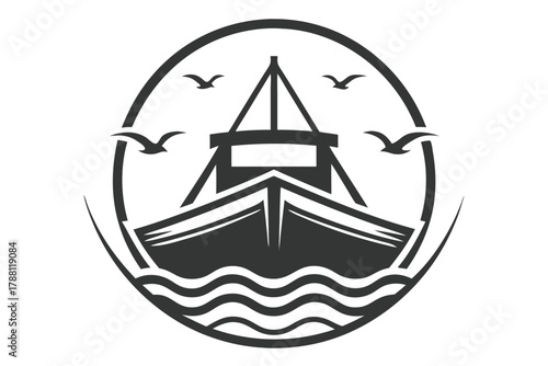 Simple monochrome emblem shows vintage ship sailing smoothly with birds within oval
