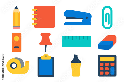 Colorful Office Icons. Flat vector icons of Office Supplies: pencil, notebook, stapler, paperclip, binder, push pin, ruler, eraser