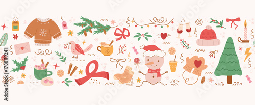 seamless pattern, cute illustration.  tree, stars, dots, snow, simple  design. hand drawn doodles are isolated. A trend concept for print, banner, social networks, poster. vector art, retro vintage