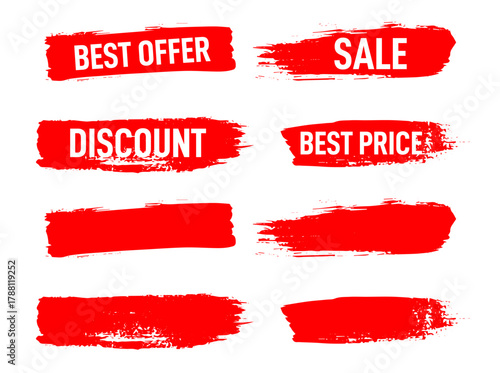 brush stroke sale stickers, tags, and banners designed for promotion media. Ideal for marketing campaigns, best offers, discounts, and price advertising projects.