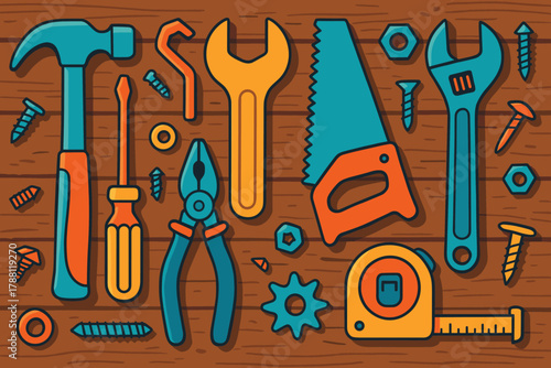 Colorful Tools Flat Lay. Creative flat lay of colorful tools and hardware on a rustic wooden table, vibrant and vector
