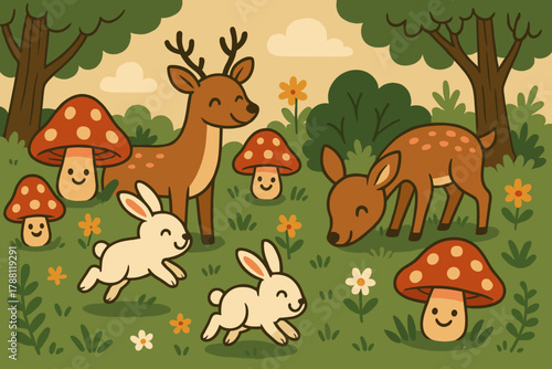 Playful Woodland Creatures. Playful woodland scene with hopping rabbits, grinning mushrooms, and happy deer grazing