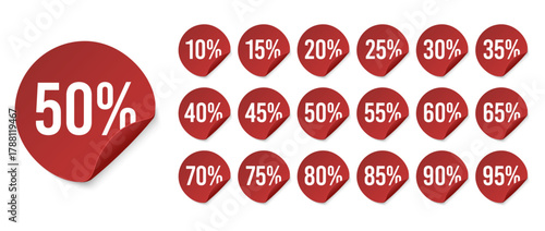 Red promotion sticker badges showing different discount prices from 10 to 95 percent, designed for shopping marketing, clearance sales, and advertising campaigns, encouraging customers to save money.