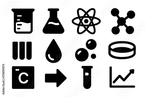 Marine Chemistry Icons. Solid style icons of Marine Chemistry: Beaker, Flask, Atom, Molecule, pH Scale, Droplet, Bubble, Test Dish
