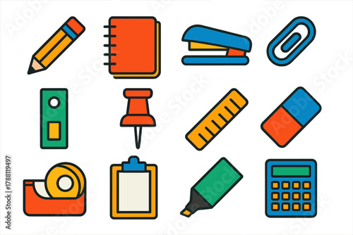 Colorful Office Icons. Flat vector icons of Office Supplies: pencil, notebook, stapler, paperclip, binder, push pin, ruler, eraser