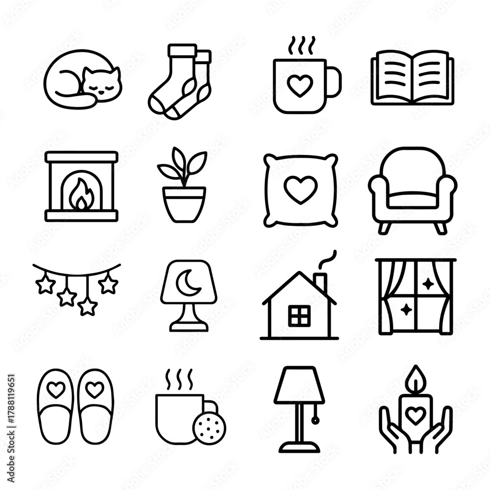 Naklejka premium Cozy home line icons set featuring cat, socks, fireplace, pillow, lamp, cup, and warm details. Vector outline illustration perfect for hygge lifestyle, comfort, interior design, and winter season