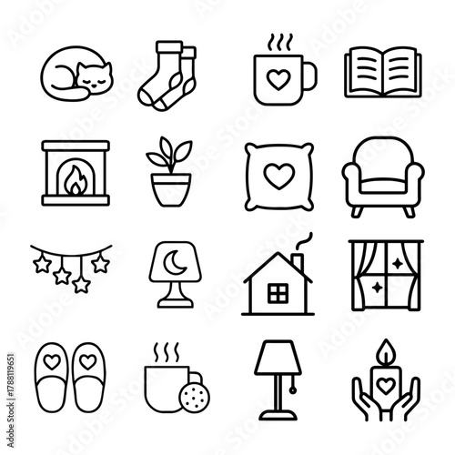 Cozy home line icons set featuring cat, socks, fireplace, pillow, lamp, cup, and warm details. Vector outline illustration perfect for hygge lifestyle, comfort, interior design, and winter season