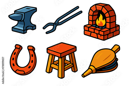 Traditional Blacksmith Tools. Isometric vector illustration set Traditional Blacksmith: steel anvil, long tongs, stone forge, hot