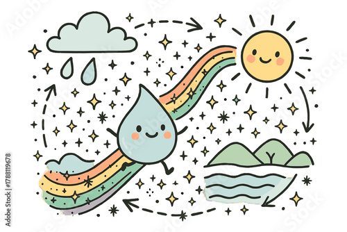 Magical Water Droplet. Magical doodle vector design of a water droplet character traveling through the entire cycle, leaving a