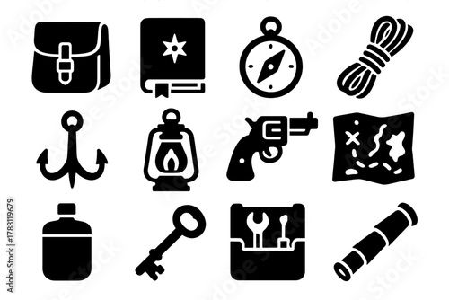 Steampunk Adventure Gear Icons. Solid style icons of Steampunk adventure gear: satchel, journal, compass, climbing rope, grappling