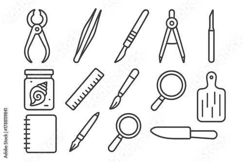 Malacology Tools Icons. Line style icons of malacology tools: calipers, forceps, scalpel, dissecting needle; specimen jar, ruler,