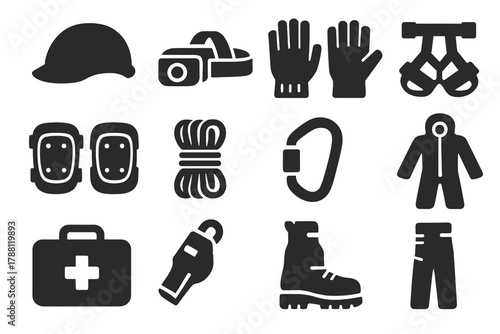 Safety Equipment Icons. Solid style icons of Safety equipment: helmet, headlamp, gloves, knee pads, rope, carabiner, harness,