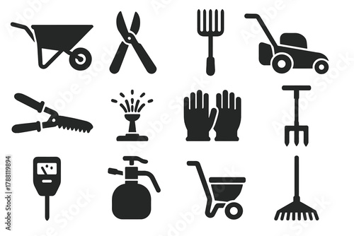 Garden Tools Icons. Solid style icons of garden equipment: wheelbarrow, pruning shears, garden fork, lawnmower, hedge trimmer,