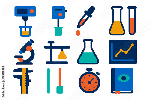 Wallpaper Mural Bright Lab Icons. Flat vector icons of laboratory tools in rheology: rheometer, viscometer, pipette, test tube, microscope, Torontodigital.ca