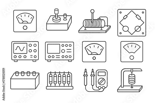 Laboratory Meter Icons. Line style icons of laboratory meters: galvanometer, potentiometer, rheostat, Wheatstone bridge;