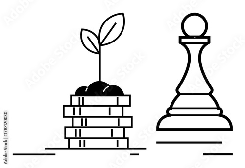 Plant sprouting from coin stacks beside chess piece, symbolizing financial growth, strategy, success, decision-making, leadership, investment, and planning. Ideal for simple flat metaphor