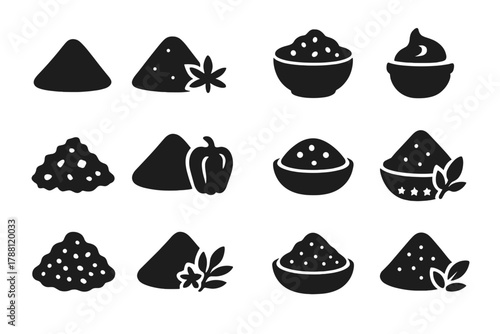 Spice Blend Icons. Solid style icons of spice blends: curry powder, garam masala, za’atar, harissa paste, chili flakes, paprika,