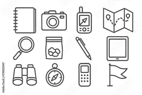 Anthropological Toolbox Icons. Line style icons of Anthropological Tools: Notebook, Camera, GPS, Map; Magnifying Glass, Sample Bag