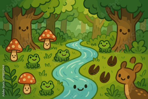 Enchanted Forest Stream. Playful stream winding through the forest, tiny frogs, mushrooms, and deer footprints with cheerful faces