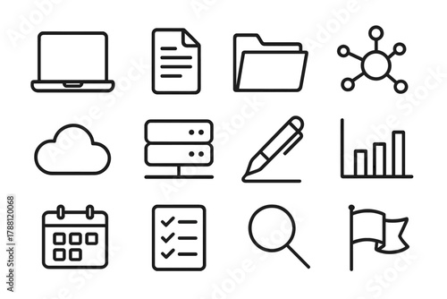 AI Legal Workflow Icons. Line style icons of AI Legal Workflow: Laptop, Document, Folder, Circuit; Cloud, Server, Pen, Graph;
