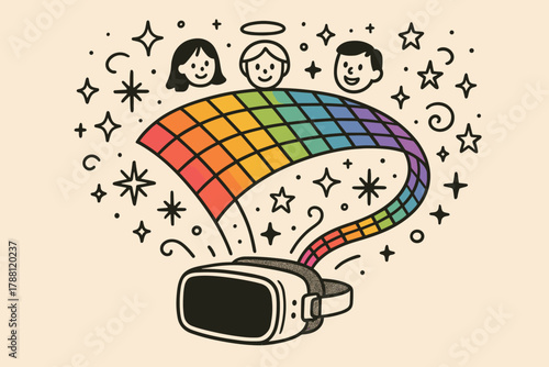 VR Rainbow Projections. Magical doodle vector design of a VR headset projecting rainbow doodle grids, stars, and avatars into the
