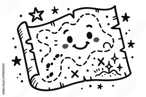 Whimsical Treasure Map. Whimsical doodle vector illustration of a smiling treasure map with playful doodle paths, stars, and tiny