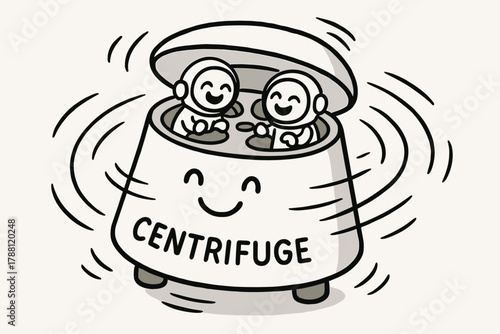 Jolly Astronauts in Centrifuge. Friendly centrifuge spinning with happy motion lines, little doodle astronauts giggling inside
