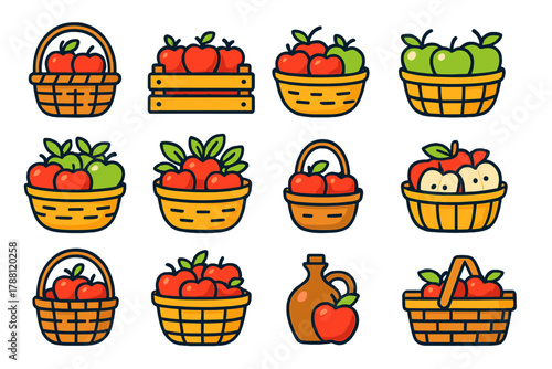 Vibrant Apple Baskets. Flat vector icons of apple baskets: wicker basket with apples, wooden crate of apples, basket with red