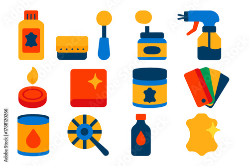 Leather Craft Tools. Flat vector icons of leather dyeing and finishing: dye bottle, sponge applicator, wool dauber, spray gun,