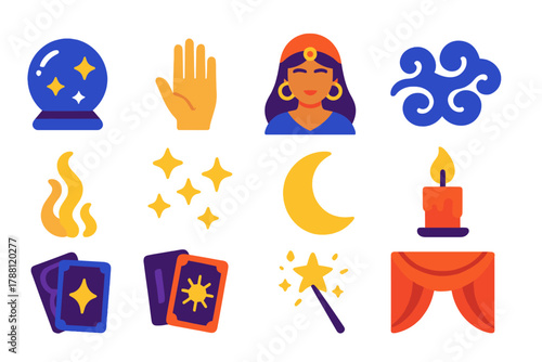 Enchanted Icon Set. Flat vector icons of Enchanted Vision: crystal ball, hand, fortune teller, mist, stars, moon, candle, smoke,
