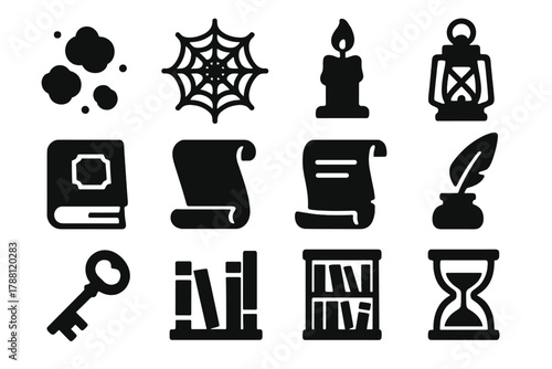 Library Icon Set. Solid style icons of Library Atmosphere: Dust, Cobweb, Candle, Lantern, Dusty Tome, Scroll, Old Paper, Quill,