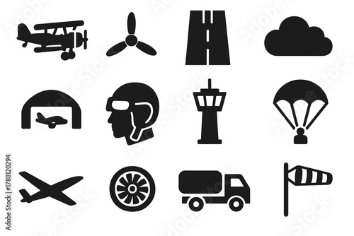 Classic Aviation Icons. Solid style icons of classic aviation: biplane, propeller, runway, cloud, hangar, pilot helmet, control