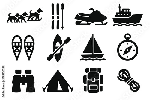 Sea Ice Travel Icons. Solid style icons of sea ice travel: sled dogs, skis, snowmobile, icebreaker, snowshoes, kayak, sailboat,