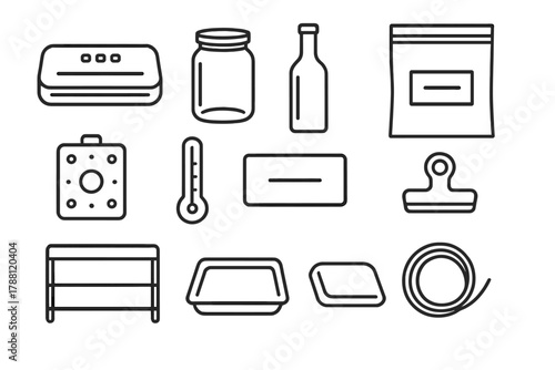 Preservation Tools Icons. Line style icons of Preservation Tools: Vacuum Sealer, Jar, Bottle, Freezer Bag; Ice Pack, Thermometer,