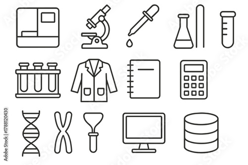 Genomic Research Icons. Line style icons of Genomic Research Tools: Sequencer, Microscope, Pipette, Test Tube; Sample Rack, Lab