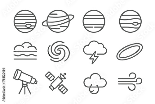 Gas Giants Icons. Line style icons of Gas Giants: Jupiter, Saturn, Uranus, Neptune; Cloud Bands, Storm, Lightning, Ring; Telescope