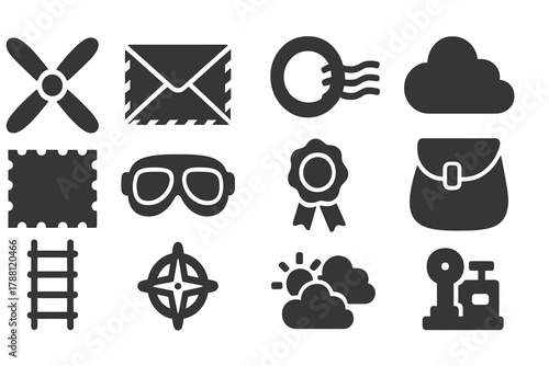 Aviation Post Icons. Solid style icons of Aviation Post: Propeller, Air Mail Envelope, Postmark, Cloud, Stamp, Pilot Goggles,
