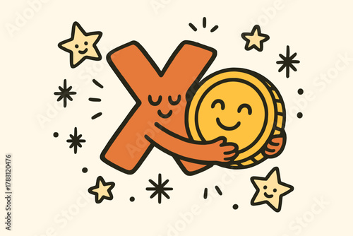Treasure Embrace. Sweet doodle vector illustration of an “X marks the spot” character hugging a smiling gold coin, surrounded by