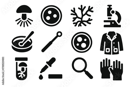 Fungi Research Tools. Solid style icons of Fungi Study: Spore Print, Petri Dish, Mycelium, Microscope, Inoculation Loop, Agar